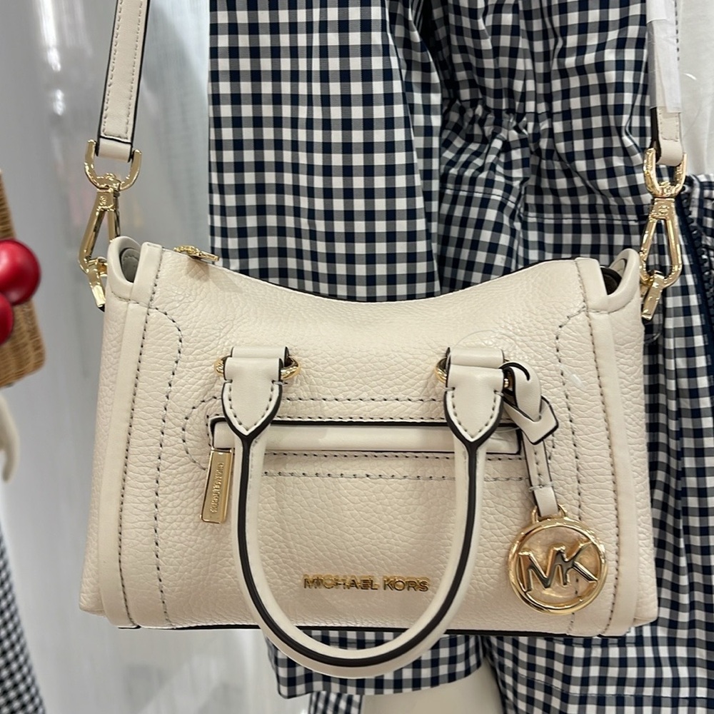 Michael Kors Carine Extra-Small Pebbled Leather Satchel Crossbody 
Light Cream